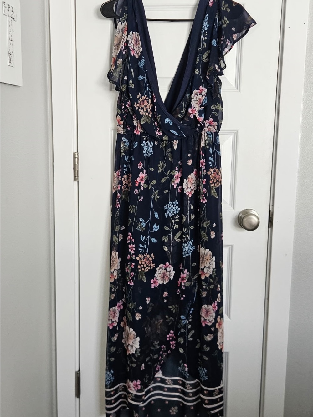 Maurices Navy Floral Ruffle V-Neck Maxi Dress